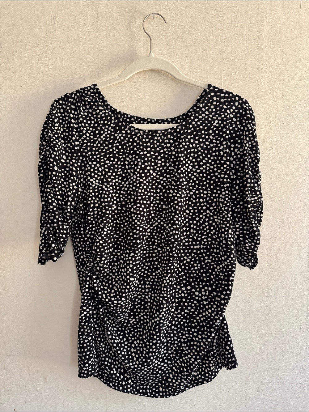 Alfani Black and White Dot Ruched-Sleeve Blouse